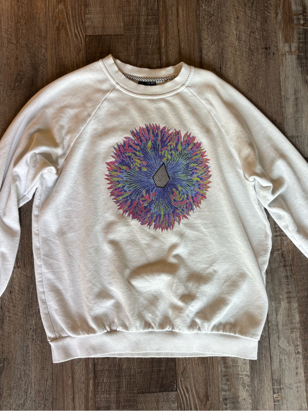 Volcom White Crewneck Sweatshirt with Striped Neck Detail